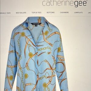 Catherine Gee Blue Chain Print Blouse Daria French Cuff Silk Blouse - San Telmo